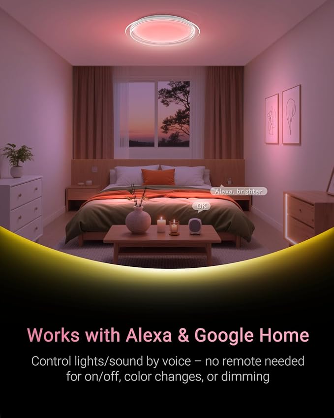 1-Pack, 21 inch Smart LED Music Ceiling Light with Bluetooth Speaker, Compatible with Alexa & Google Home, Color Changing RGB Dimmable Light for Living Room, Bedroom, Kitchen