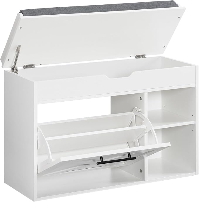 HOOBRO Shoe Storage Bench with Cushion, Modern Entryway Bench with Flip Drawer and Hidden Top Compartment, Shoe Cabinet with Seat and Adjustable Shelves for Hallway, 31.5" L, White and Gray, WG55HX01