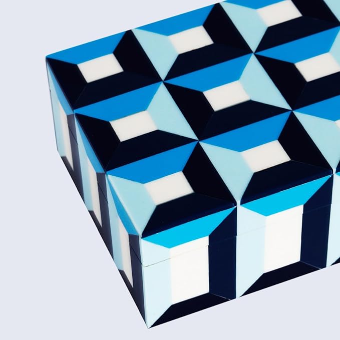 Handicrafts Home Blue Decorative Storage Box with Lid – Modern Coffee Table Storage Box, Geometric Resin Inlay Wooden Box, Remote Control Holder, Decorative Organizer, Jewelry & Keepsake- 10x4.5x2.5