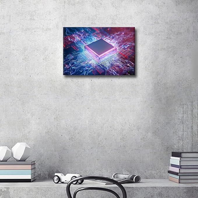 1 Piece Glowing CPU Canvas Wall Art Painting Technology Digital Art Wall Decor for Living Room AI Pictures Print on Canvas Framed Modern Artwork for Home Wall Bedroom Decorations, 18x12in
