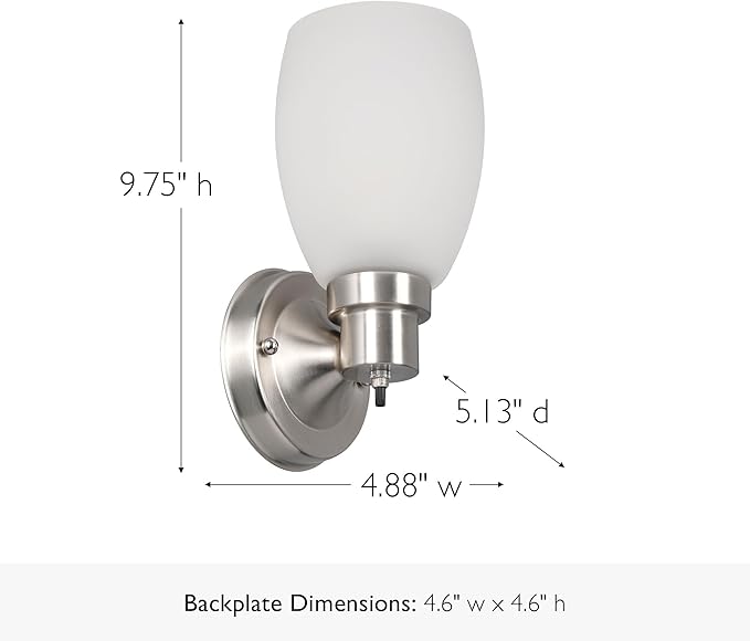 Design House Lydia Wall Sconce, 1 Light, Frosted Glass, Dimmable, Twist On/Off Switch, Satin Nickel, 4.88 in x 5.125 in x 9.75 in, 588814-SN