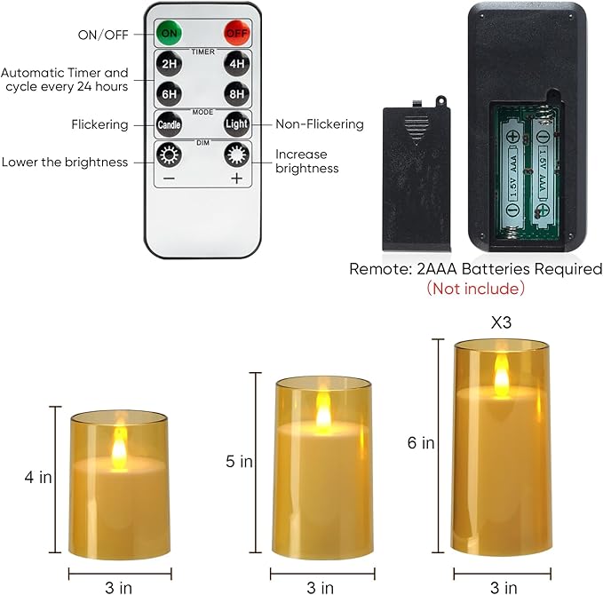 Amagic 3"×4" 5" 6" 6" 6" Gold Flameless Candles with Remote and Timer, Realistic Flickering Battery Operated Acrylic Led Fake Candles for Home Wedding Party Fall Christmas Decor, Set of 5