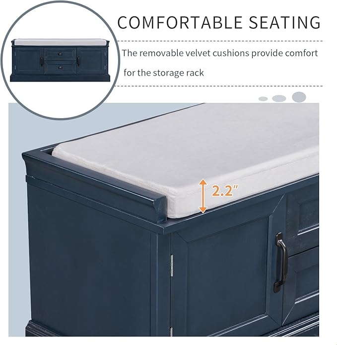 GDFStudio Rustic Storage Bench with 4 Doors 2 Draws Adjustable Shelves Removable Cushion Rectangular Cabinet Foot Rest Stool Solid Wood Shoe Bench Seating for Entryway Living Room, Antique Navy