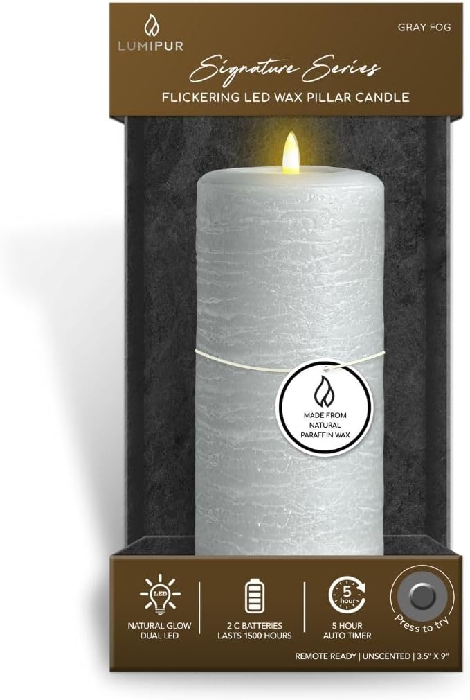 LumiPur Signature Natural Glow Flickering Flameless LED Wax Pillar Candle (3.5" x 9", Gray Fog)