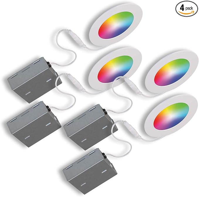BAZZ WFDISK400WX4 Slim Disk Colors Smart Home Wi-Fi RGB LED Recessed Fixture Kit, Tunable, Dimmable, Alexa and Google Assistant Compatible, Damp Location, White. 4 Count, 4-in