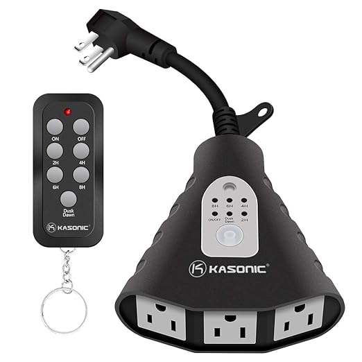 K KASONIC - Outdoor Light Timer, Waterproof Plug in Sensor Outlet Timer Switch, 100 ft Range Remote Control with 3 Grounded Electrical Outlets for Home and Garden, ELT Listed