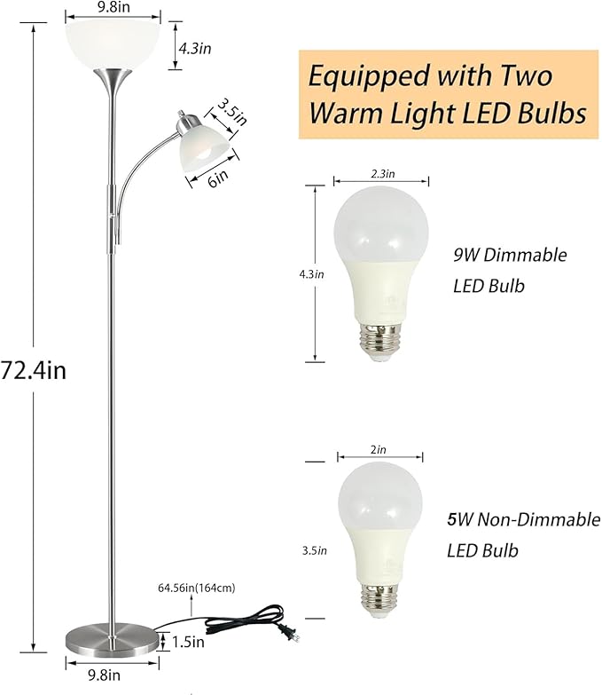 Floor Lamp, Dimmable Standing lamp, Stepless Dimming Brightness, Included 9W and 5W LED Bulbs, Industrial Floor Lamp for Living Room, Bedroom, Office, Reading