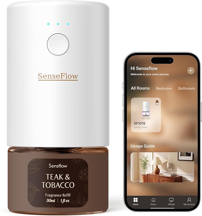 Essential Oil Diffuser for Home, Smart Waterless Aromatherapy Diffuser SF101S Pro, Plug in Room Scent with Timer & 120-Day Natural Aroma – Free 30ml Teak & Tobacco(Pale Mint Gray)