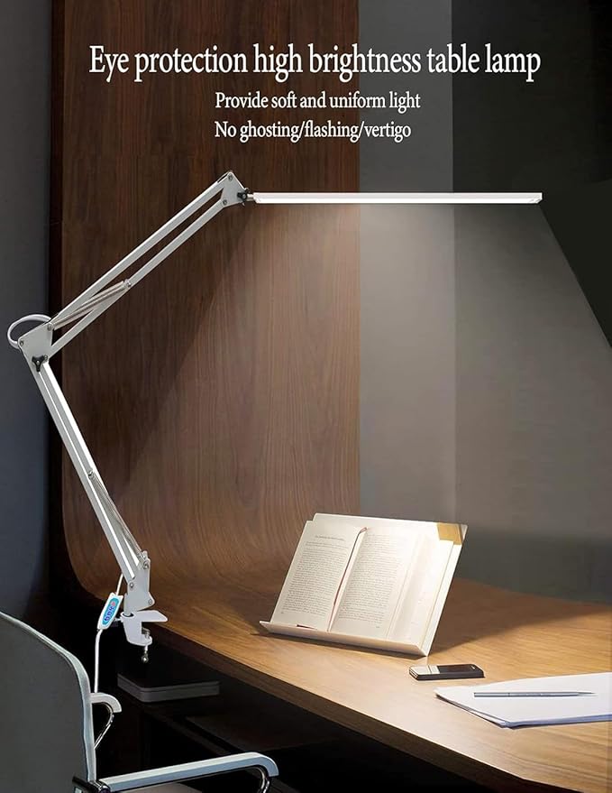 AVIMYA LED Desk Lamp,Adjustable Swing Arm Desk Lamp with Clamp,Dimmable Desk Light Eye-Care Table Light, Memory Function, 5 Color Modes, 7-Level Brightness Table Lamp for Home, Office, Study, Reading