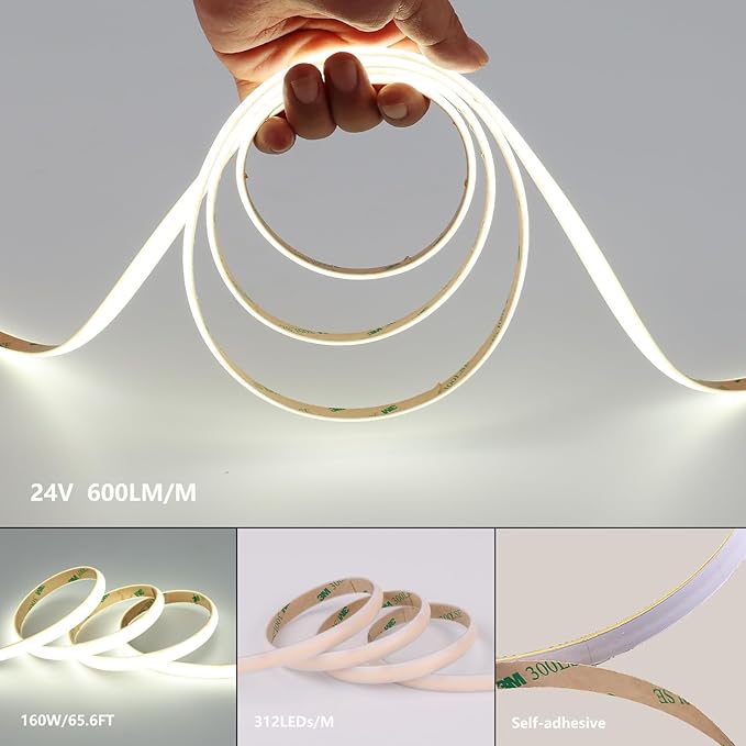 24V Diffused COB LED Strip Light 65.6ft (2 Rolls of 32.8ft), 6000K Cool White Outdoor Milky Silicone Waterproof, 11W/M CRI 93 LED Tape Lights with Power Supply for Bedroom Courtyard