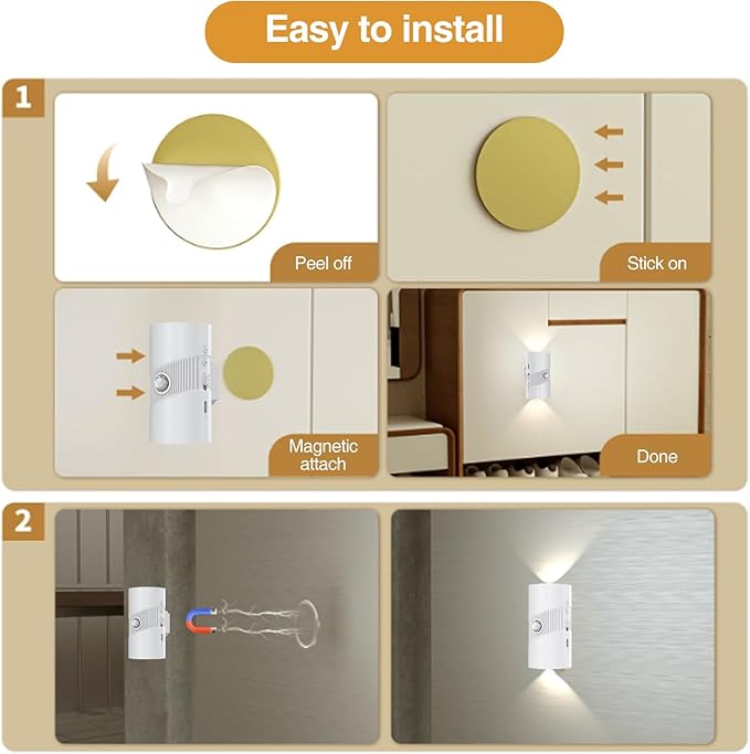 Tomshine Rechargeable Wireless Wall Light (2 Pack) - Motion Sensor Night Light Battery Operated, Adhesive Wall Sconce with 3 Modes, 3 Color Temps & 4 Brightness, USB-C for Hallway, Stairs Indoor