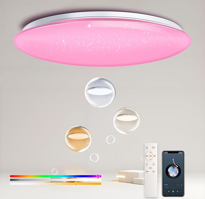 Dimmable Round LED Ceiling Light Flush Mount 13 Inch 40W Built-in Bluetooth Speaker Modern Lighting Fixtures RGB Ambient Ceiling Lamp Suitable for Bedrooms Kitchen Kids' Rooms and More