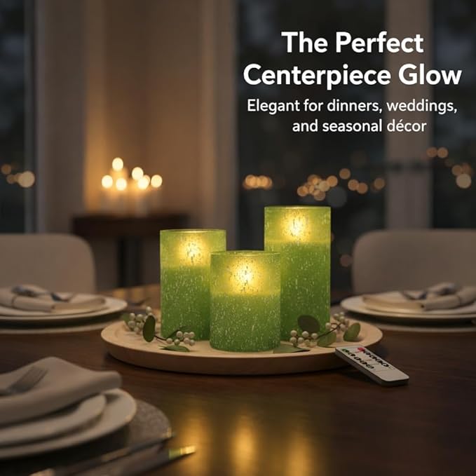 Green Flameless Candles with Remote, Glass Flickering Battery Operated LED Pillar Candles with Timer, Real Wax, Set of 3 x4/5"/6"