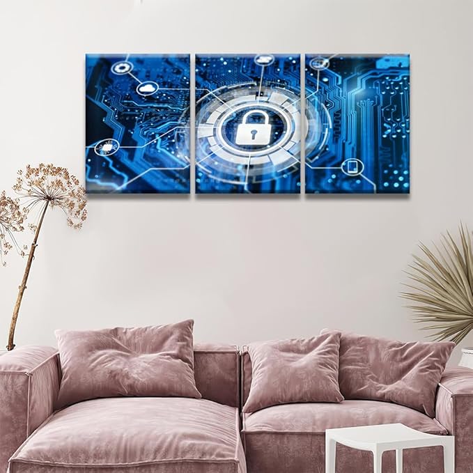 Modern Wall Art 3 Panel Cybersecurity and Secure Nerwork Internet Technology Pictures Print on Canvas for Living Room Wall Decoration, Framed Wall Art, 12x16inchx3