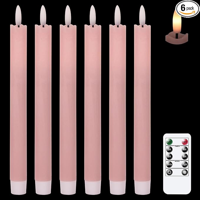 GenSwin Flameless Pink Taper Candles Flickering with 10-Key Remote, Battery Operated Led Warm 3D Wick Light Window Candles Real Wax Pack of 6, Christmas Home Wedding Decor(0.78 X 9.64 Inch)