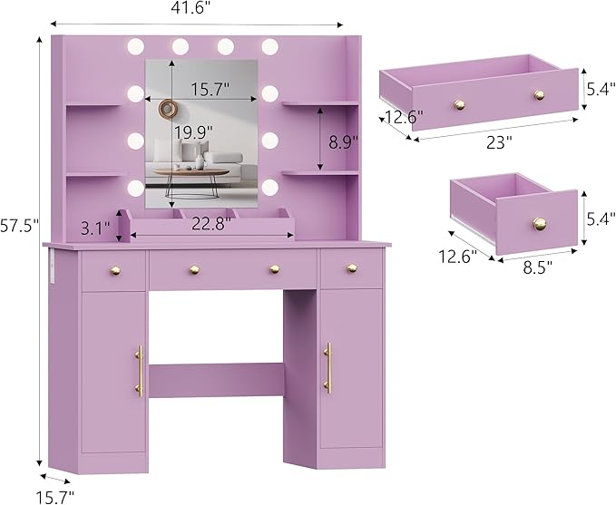 Makeup Vanity Desk with Mirror and Lights, 43" Purple Vanity Set with 3 Drawers, Power Outlet & Adjustable RGB LED Lights, Dressing Table with Storage Shelf for Women & Girls Bedroom