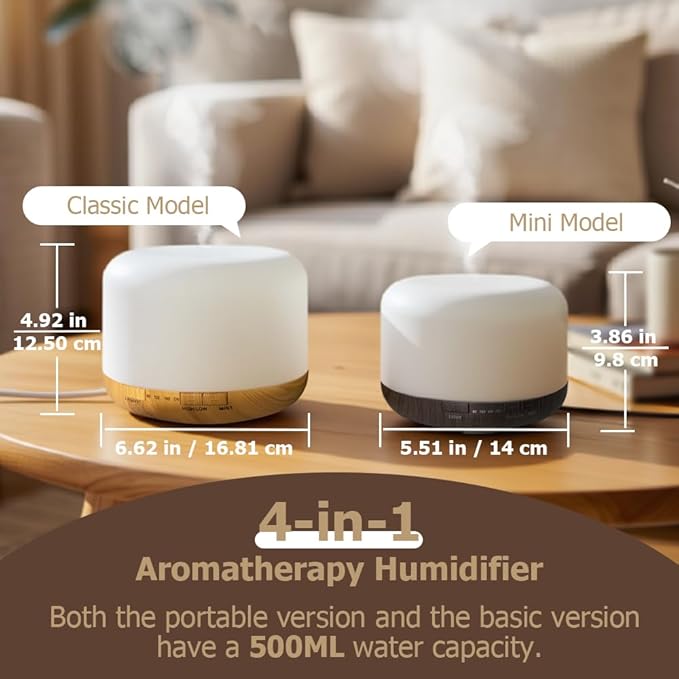 500ml Premium Essential Oil Diffuser,Quiet 4-in-1 Ultrasonic Aromatherapy Humidifier,7 Color LED Lights,with Adjustable Automatic Timer Off Function and Spray Mode. (Yellow Woodgrain,Mini Model)