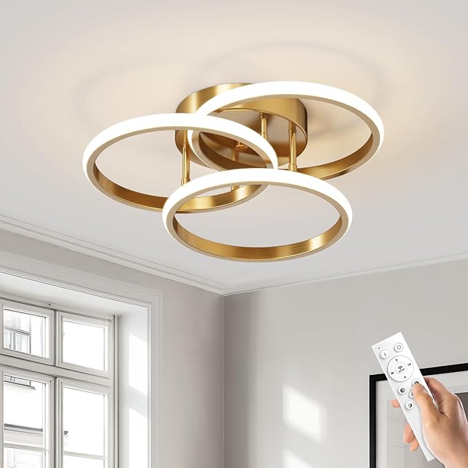Dimmable LED Semi Flush Mount Ceiling Light Fixture with Remote Control 3-Color Dimming Circle Modern Chandelier, Close to Ceiling Bedroom Kitchen Hallways Balcony Corridor Lamp (15in- 3 Ring Gold)
