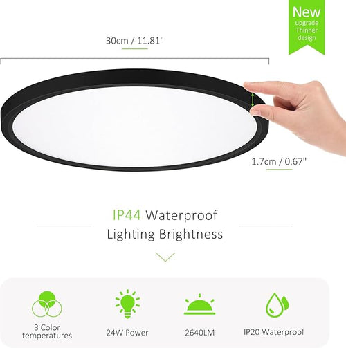 1 Pack LED Flush Mount Ceiling Light, 24W Ultra Thin Round White Lamp 3000K/4000K/6500K 3 Color Temperatures Adjusted 12 Inch Modern Ceiling Lights, Black, Wired