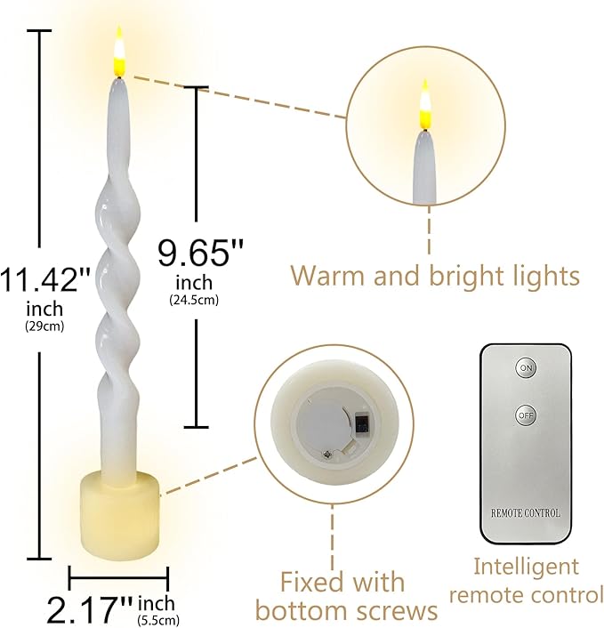 Spiral Taper Candle LED Candlesticks, 10inches Flameless Tapered Candles Battery Candle Sticks Remote Twisted Candlestick for Dinner Holiday Wedding Party Housewarming-1D
