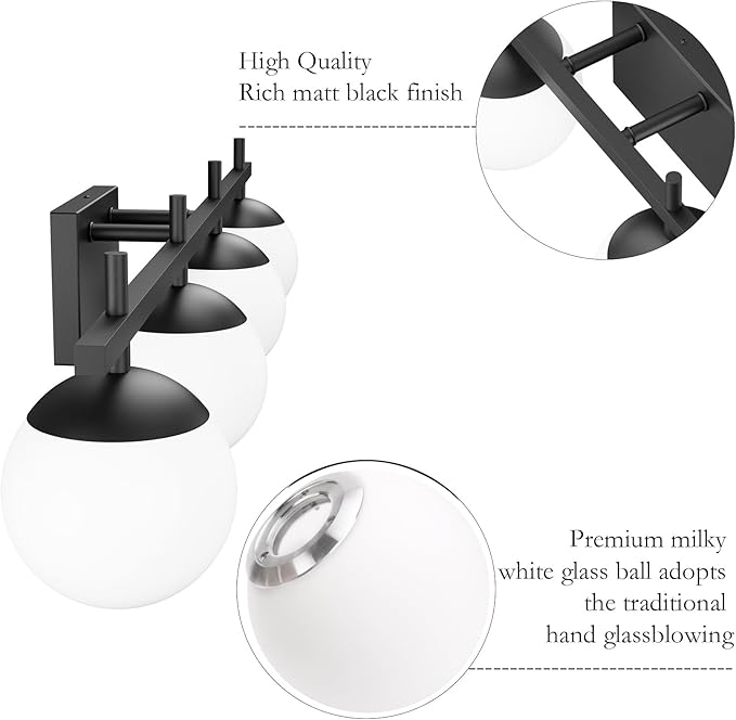 Ralbay Black Vanity Lights for Bathroom Milky Glass Mid Century Modern Bathroom Vanity Wall Light Over Mirror, Black 4-Lights