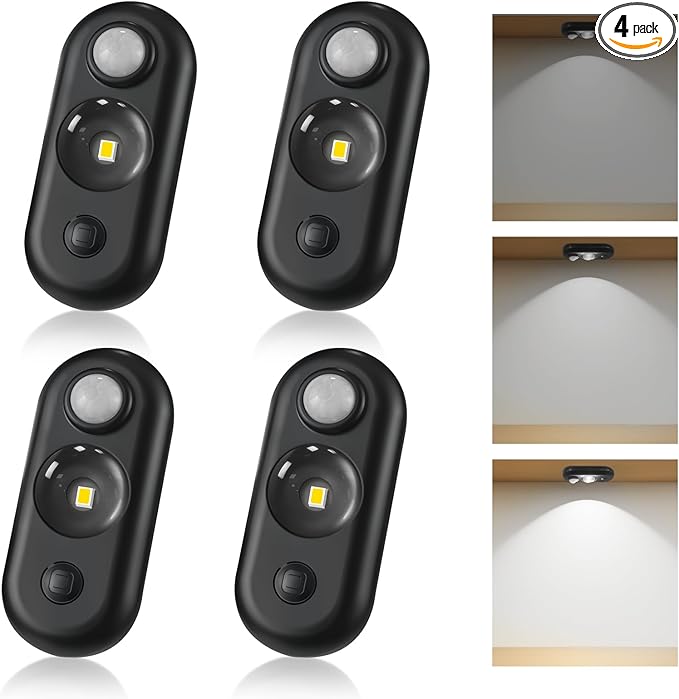 LED Motion Sensor Puck Lights, Small Rechargeable Under Cabinet Light, Dimmable Daylight White Closet Lights, Wireless Under Cabinet Lighting for Drawer, Kitchen (4 Pack, Black)