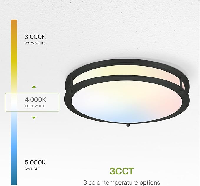 ASD LED 16" Round Flush Mount Lighting, Close to Ceiling Light Fixture | 3CCT, Dimmable, Energy Star, ETL Listed | 24W 1854LM 3000-5000K 120V | Low Profile Double Ring Lamp | Black, 2 Pack