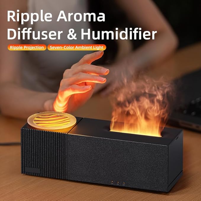 Essential Oil Diffuser, Flame Oil Diffuser - Aromatherapy Aroma Humidifier, Ripple Projection Vibe Remote Control - Perfect for Bedroom Home Office (150ml Ripple Flame, Black)