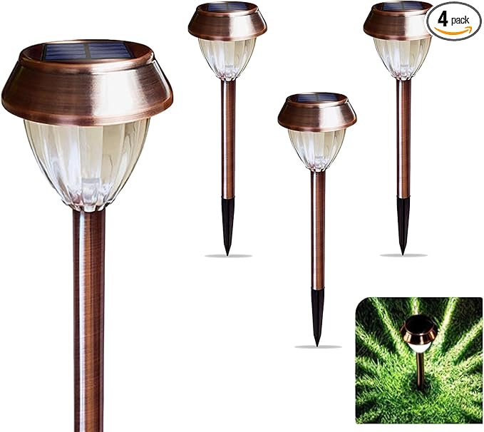 Vintage Solar Lights Outdoor, Glass & Metal Solar Pathway Lights 4 Pack, IP65 Waterproof, Cool White Garden Lights for Walkway, Yard, Patio, Driveway