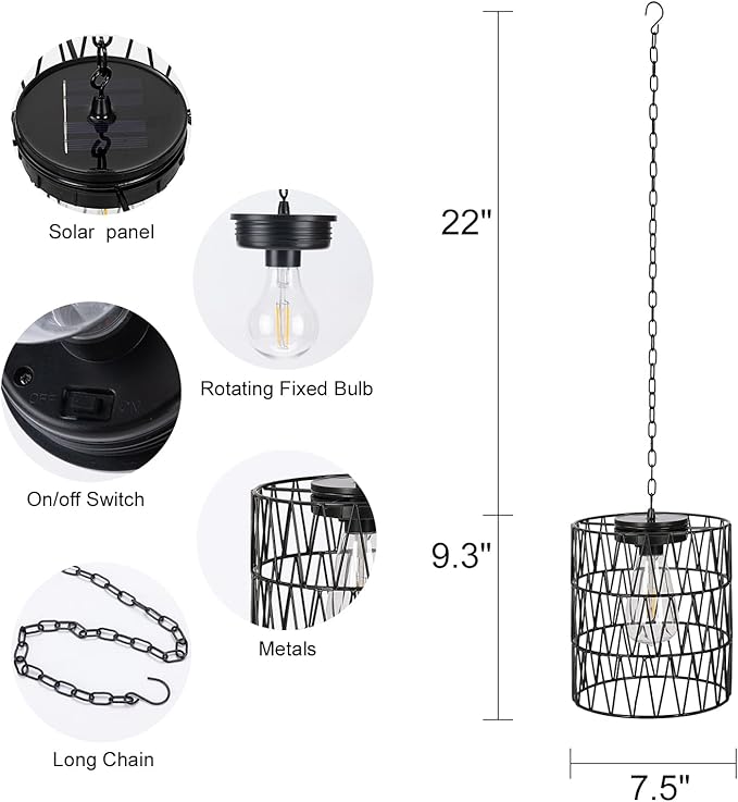 Livinlarge Hanging Pendant Lights,Metal Solar Outdoor Chandelier,Solar Hanging Lights with Warm White LED Bulb for Patio Garden Tree Pergola Gazebo Porch Yard Decor