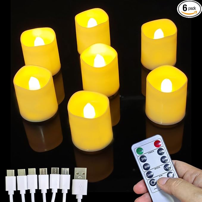Jialine Rechargeable Tea Lights with Remote Timer, Battery Operated Flameless Votive Tea Lights Candles, USB Tealights Candles for Weddings,Parties,Halloween,Home Decor Seasonal Decor(6 Pack)