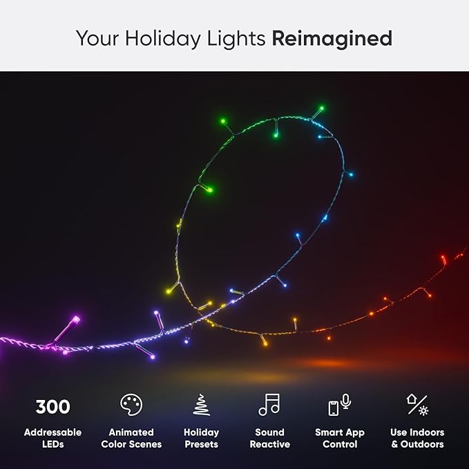 Nanoleaf Smart String Lights, 300 LED RGBW Indoor Christmas Lights, Matter Bluetooth & WiFi Multicolor LED Lights, App & Voice Control, Works with Apple Home, Google Home