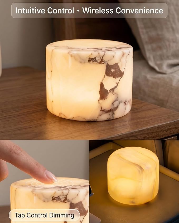 Marble Touch Light Onyx Stone Eye-Caring Type-C Dimmable Desk LED Bedside Table Lamp with Unique Peach Jade Texture Rechargeable Small Ambient Tap Night Lights Cordless for Bedroom Decor