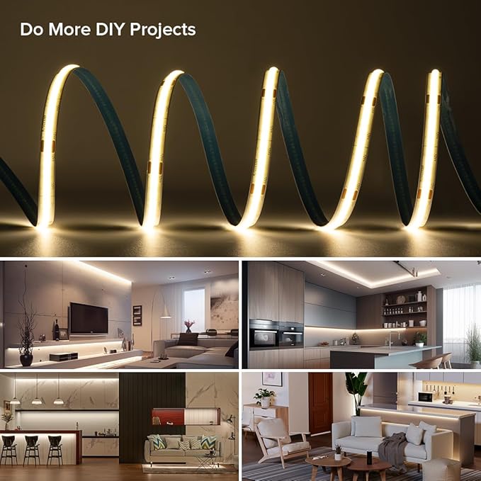16.4FT IP65 Waterproof COB LED Strip 4000K 480LEDs/m Flexible High Density Uniform Bright LED Lights 9W/m, Dimmable 8mm DC12V COB Strips for Home Indoor Decoration, NO Power and Controller