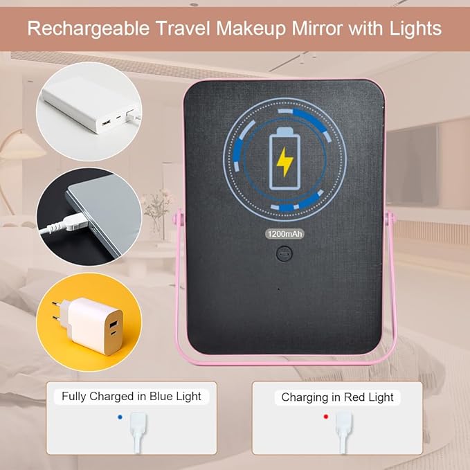 Pink Rechargeable Vanity Mirror with Lights, 10"×7" LED Makeup Mirror with Lights, Smart Touch Control Dimmable 3 Modes Light, Lighted Up Mirror for Makeup Desk, Bedroom, Dressing Room