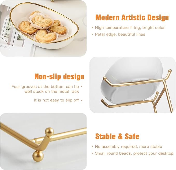 Ceramic Fruit Bowl for Kitchen Counter - 3 Tier Fruit Basket with Metal Stand, Tiered Fruit Stand for Countertop, Snack, Nuts, Cake, Dessert, Cute (Gold-rimmed, Small)