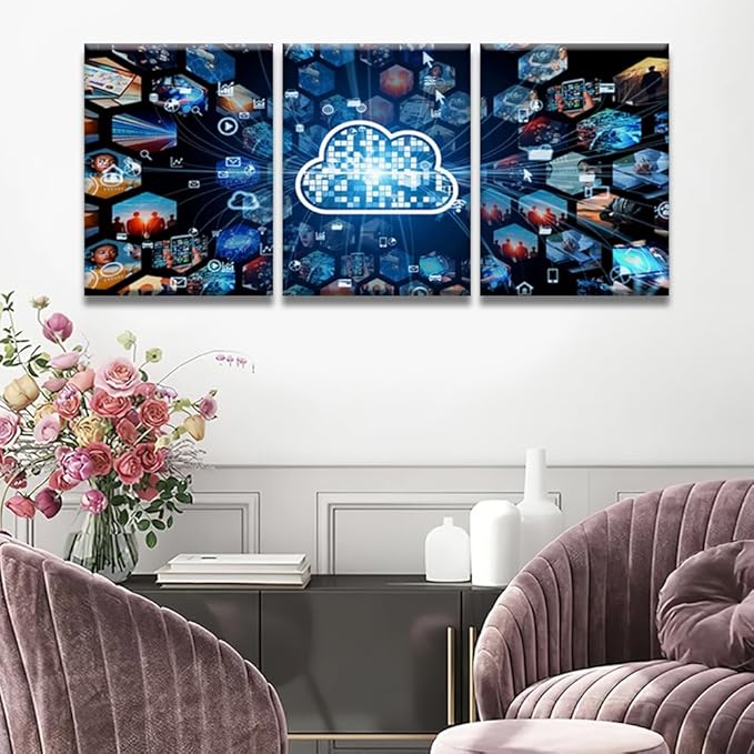 Canvas Wall Art Cloud Computing Concept Communication Network Pictures Posters, 3 Panel Modern Wall Art for Home Decoration, Framed Gallery-Wrapped Ready to Hang, 12x16inchx3