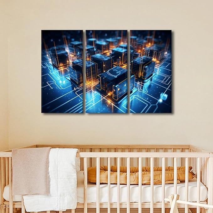 3 Panel Framed Wall Art Digital Network Picture Prints on Canvas Wall Decor for Living Room Bedroom Wall Decoration, Concepts Artwork Wooden Framed Ready to Hang, 36" Wx24 H