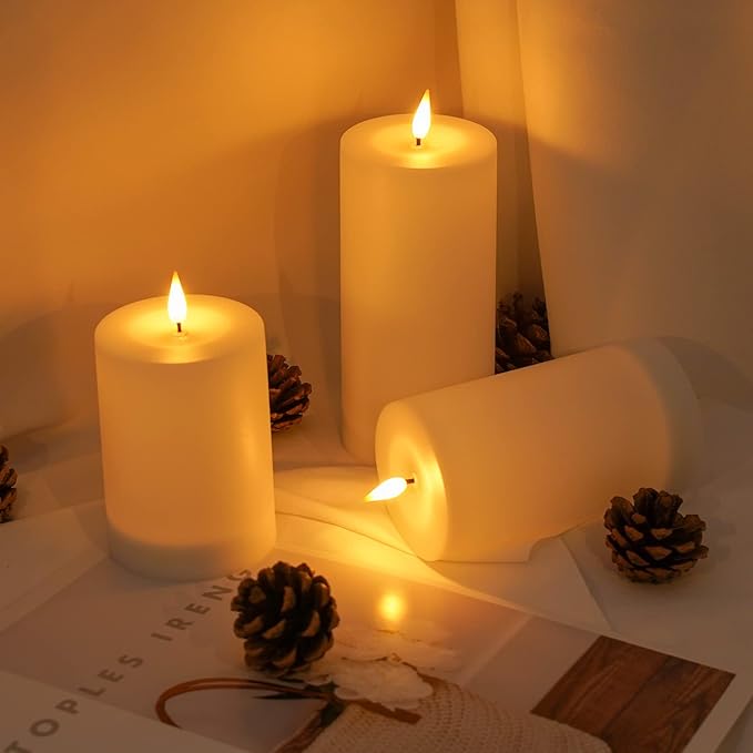 Solar Candles Outdoor Waterproof: Flameless Flickering Pillar LED Candles Set of 3 Dusk to Dawn Rechargeable Sensor Lights 3x4/5/6 Inch White