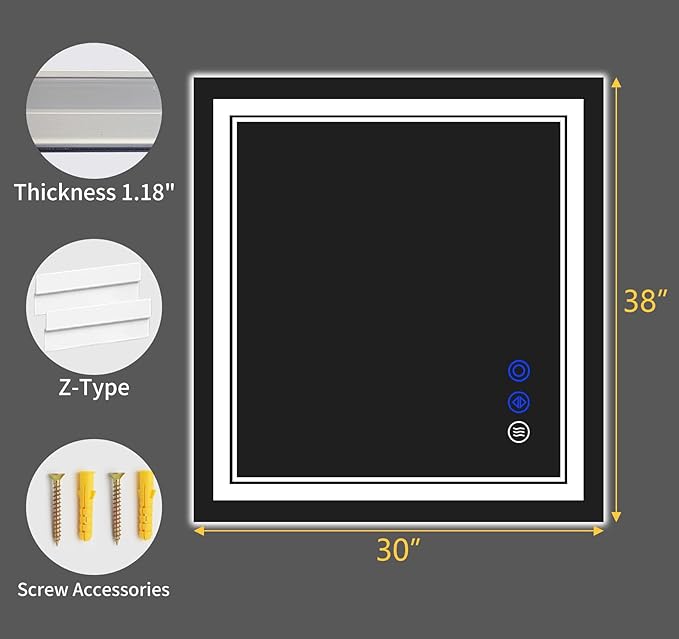 38"x30" LED Bathroom Mirror with Anti-Fog, Stepless Dimmable Lights, 3 Color Modes, Shatter-Proof Tempered Glass,Waterproof Design