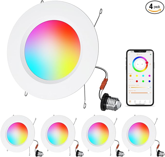 Smart Recessed Lighting, 5/6 inch, Compatible with Alexa, Smart LED Downlight, ‎13W 1050LM Led Lights, Smart Can Lights Multicolor APP Dimmable, 4-Pack