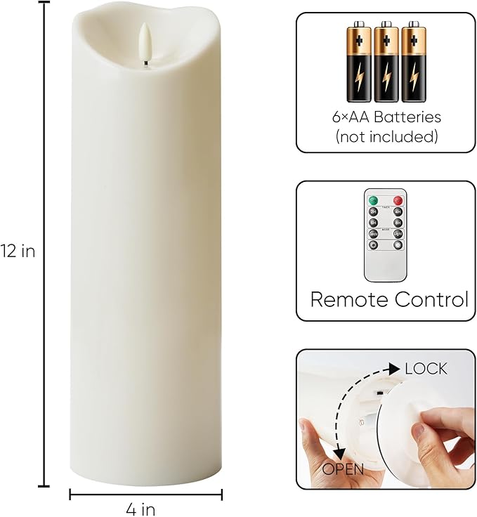Homemory 4"x12" Outdoor Waterproof Flameless Candles with Timers and Remote Control, Battery Operated Candles, LED Plastic Candles, Ivory White, Set of 4
