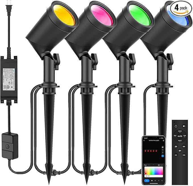 ZYAN APP Control Die-Cast Aluminum RGB Landscape Spotlights with Remote Control, Color Changing Music Sync Timer Alexa Compatible, Outdoor IP65 Waterproof for Patio Garden Yard Pathway, 4 Pack