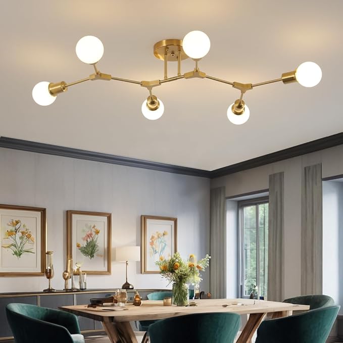Modern Mid Century 6 Light Semi Flush Mount Ceiling Lighting Fixture for Living Room Bedroom Dining Room Hallway Kitchen Office,Long Large Gold Sputnik Chandelier