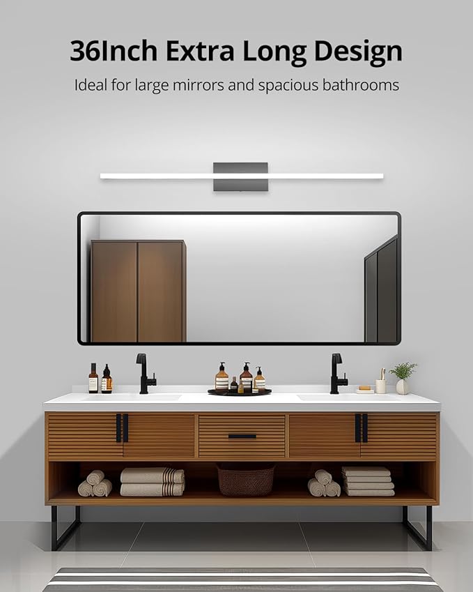 Combuh LED Bathroom Vanity Light Bar 36 Inch 20W Black IP44 Over Mirror Lighting Fixture Wall Sconce Indoor Modern Cool White 6000K