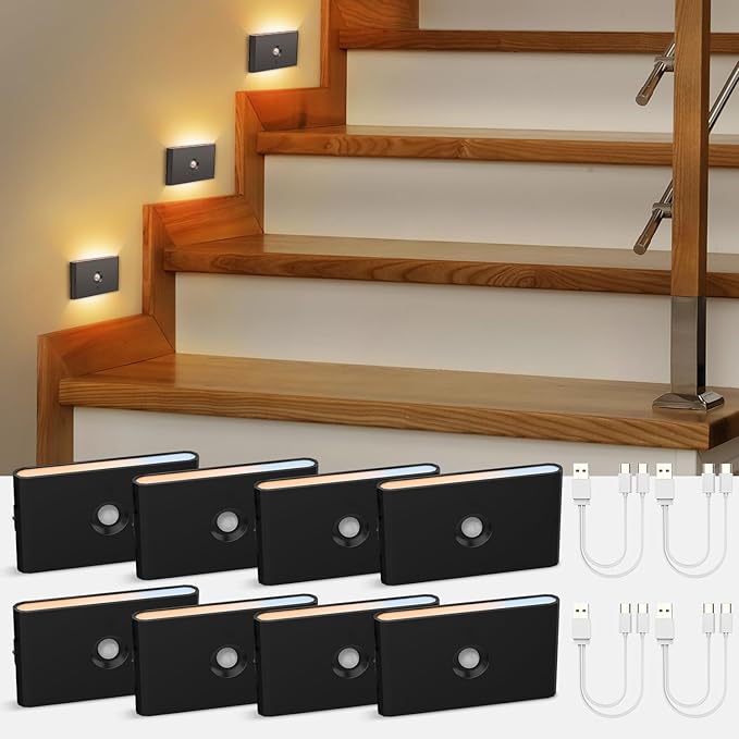 wowatt Rechargeable Motion Sensor Stair Light, Black Night Lights with Magnetic Mount, Dimmable Step Lights Indoor for Stairway, Hallway, Kitchen, Bathroom(8 Packs)