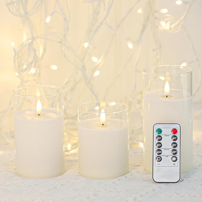 Mingfuxin Clear Glass Flickering Flameless Candles with Remote, White Wax Battery Operated LED Pillar Candle with Timer for Party Wedding Decoration, Set of 3