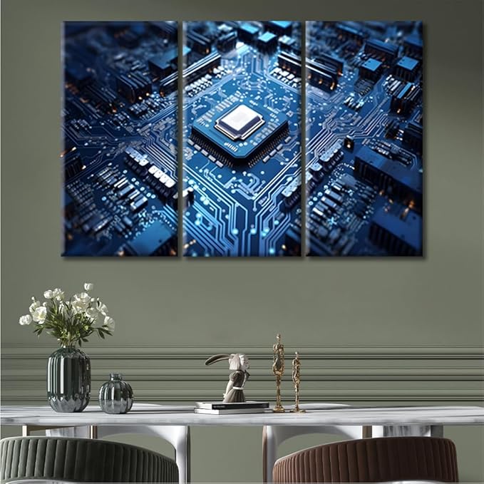 Technology Blue AI Wall Art for Living Room Circuit Board Pictures Canvas Wall Art Chip Pictures Posters Modern Wall Decor Art for Bedroom Office Paintings Giclee Framed Ready to Hang, (36"Wx24"H)