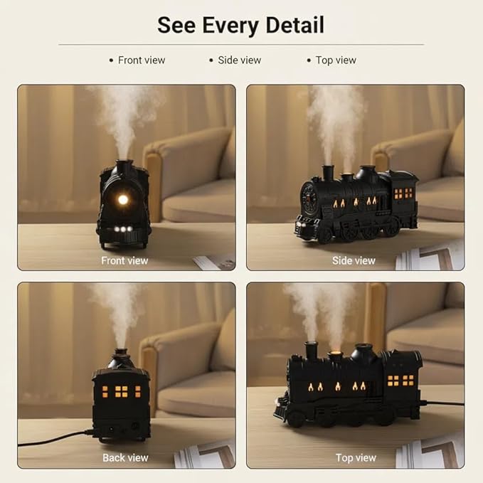 Train Humidifier with Essential Oil Diffuser - 300ML Large Capacity Ultrasonic Dual Mist Output, 4Color LED Night Light with Remote Control, Auto-Off, Ultra Quiet for Bedroom Office Desk (Black)