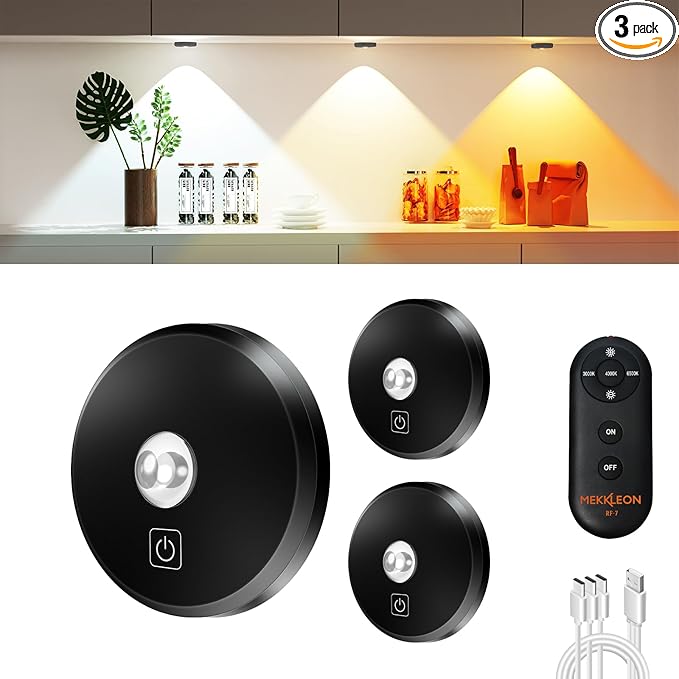 Puck Lights With Remote Control - Rechargeable, Wireless Under Cabinet Lighting, 2000mAh Battery Operated Tap Push Touch, Stick On for Counter, Shelf, Bookcase (Black, 3 Pcs)